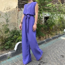 Casual Enfärgad Jumpsuit med lös väst och byxor med breda bälten