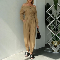 Ett stycke kragelös axelbandslös långärmad högmidjad Casual jumpsuit med beskurna byxor