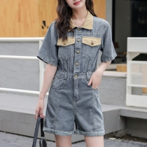 Shorts Style Denim Summer Jumpsuit med kontrastsömmar kort ärm