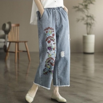 Breda ben slitna jeans Broderade Raw Edge Nine Point Wash White Loose Fit Byxor