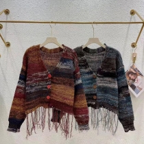 Färg Tofs Stickad Cardigan Tröja Lös V-ringad Stickad med matchande jacka