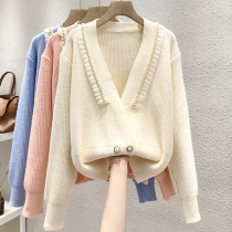 Street Chic Kortstickad Pullover med Pärlvolang och Dubbelknäppning
