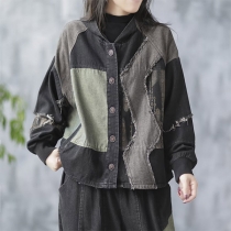 Retro konsttryck Lös kofta Denim Huvjacka för kvinnor Sömnadsdetaljer Innerkant