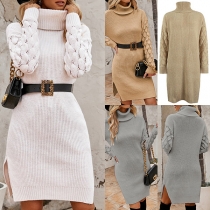 Street Fashion Turtleneck Long Sleeve Slit Knitted Ribbed Sweater Dress