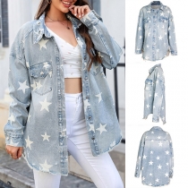Street Fashion Old-washed Star Printed Frayed Denim Jacket