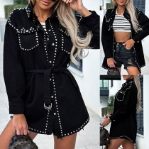 Street Fashion Rivet Long Sleeve Self-tie Denim Jacket