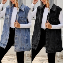 Retro jeansvästjacka med avtagbar huva lös Casual Jean-väst