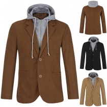 Gatufashion Notch Lapel Långärmad Avtagbar Huva Fake Tvådelad Blazer för Män