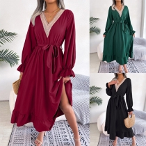 Fashion Lace Spliced V-neck Long Sleeve Self-tie Midi Dress