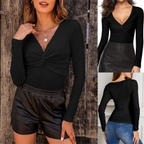 Fashion Ruched V-neck Long Sleeve Shirt