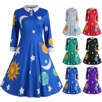 Fashion Sun Moon Printed Stand Collar Long Sleeve Dress