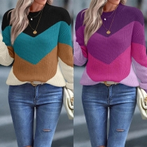 Fashion Contrast Color Round Neck Long Sleeve Knitted Sweater