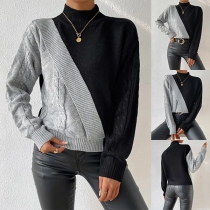 Fashion Contrast Color Mock Neck Long Sleeve Ribbed Knitted Sweater