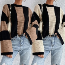 Fashion Contrast Color Round Neck Long Sleeve Knitted Sweater