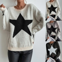 Street Fashion Star Pattern Round Neck Long Sleeve Knitted Shirt