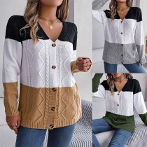 Mode kontrastfärg stickad v-ringad långärmad cardigan