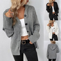 Casual stickad cardigan med knappar, långärmad och huva - enfärgad med dragsko