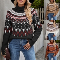 Vintage blommönstrad stickad tröja med turtleneck