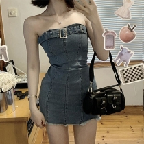 Slim Fit Denim Miniklänning med Tubtopp