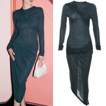 Fashion Knot Rund Neck Långärmad Oregelbunden Hemline Bodycon Klänning
