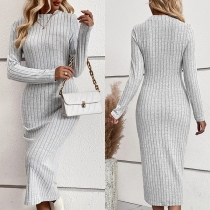 Sexig rundhalsad ribbad Bodycon-klänning i enfärgat mönster