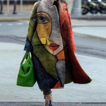 Street Fashion Långärmad Oversize Longline Duffle Jacka med Stativkrage och Ansiktsmönster