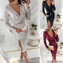 Sexig V-ringad långärmad slitsad Bodycon Festklänning med paljetter