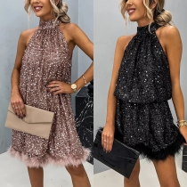 Mode Bling-bling Paljett Halter Neck Ärmlös plysch skarvad nederkant festklänning (Inget bälte)