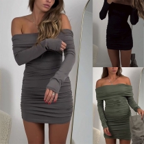 Sexig enfärgad off-shoulder långärmad Bodycon-klänning