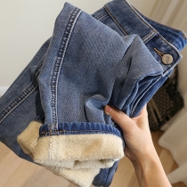 Fleecefodrade raka benbyxor med hög midja - Loose Fit Jeans med varmt fleecefoder