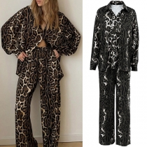 Sexigt leopardtryckt tvådelat pyjamas set