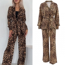 Bekvämt leopardtryckt Loungewear-set med skjorta och raka byxor