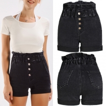 Vintage högmidjade jeansshorts med knappar och resår i midjan