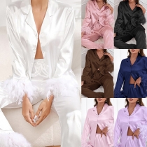 Fashion Feather Spliced Two-piece Loungewear Set med Notch Lapel Shirt och byxor