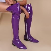 High Over-the-Knee Boots i Candyfärgat Lackläder med Låg Klack och Sidodragkedja