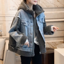 Denimjacka med lös fleece, kort bomullshuva och tjock topp