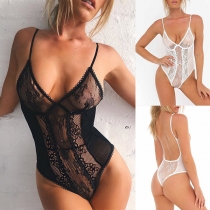 Sexig V-ringad rygglös spetsunderkläderbody med halvgenomgående design