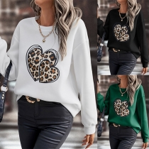 Mode Leopard hjärttryckt långärmad skjorta med rund hals