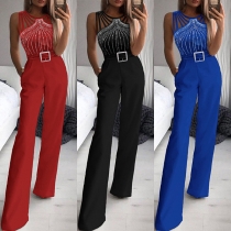 Sexig Bling-bling Rhinestone Ärmlös Jumpsuit med vida ben - Utstansningseffekter(utan bälte)