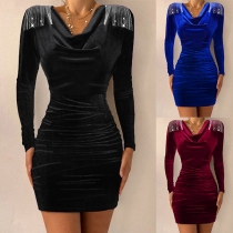 Mode Rhinestone Tofs Draperad Neck Långärmad Bodycon Klänning.