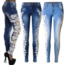 Mode Skinny Jeans med Spetsskarv, gammaltvättade och Slim Fit