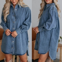 Casual gammaltvättad jeansskjorteklänning med ståkrage och långärmad hög-låg nederkant