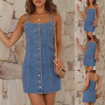 Gammalt tvättad knäppning denim klänning Gatumode