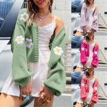 Modeblommönstrad Crop Cardigan i stickat tyg