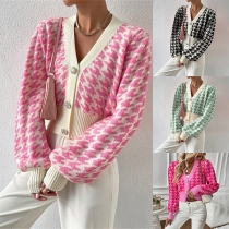 Mode-houndstooth-mönster med knappad långärmad Crop Cardigan