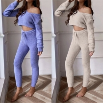 Fashion Plysch i två delar - V-ringad Crop Top och byxor med dragsko