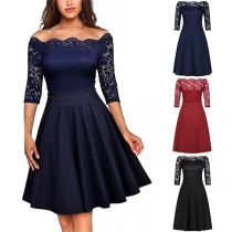 Elegant miniklänning med spetskantad off-shoulder och armbågslängd
