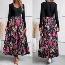 Vintage svart livstycke med rund hals och långärmad blommig maxiklänning