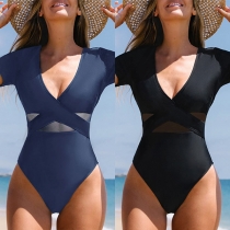 Fashion Gauze V-neck Short Sleeve Swimsuit with Ruched Detailing, One-Piece