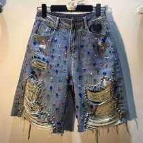 Denimshorts med hög midja för kvinnor: Rhinestone, pärlbroderi med hål och tofsar